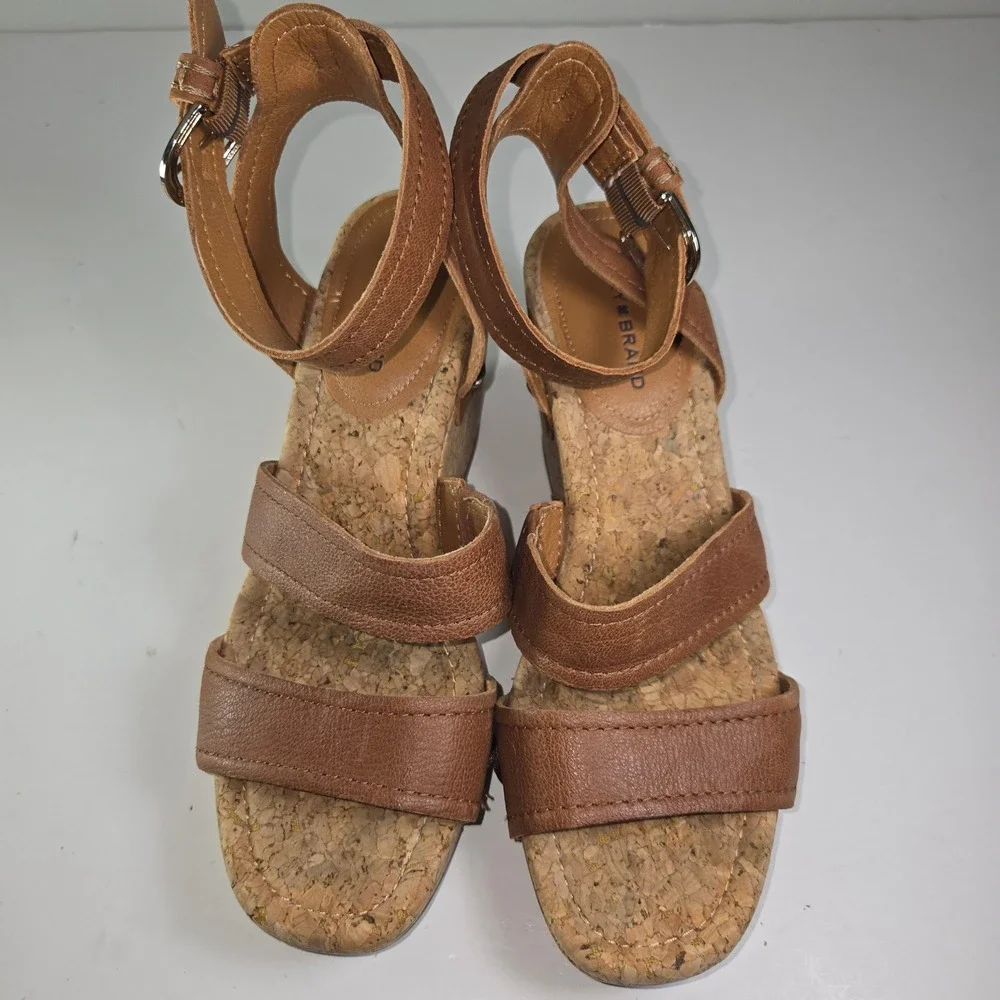 Lucky Brand Valintina Cork Wedge Sandals Brown Leather Ankle Strap Women's 8.5‎